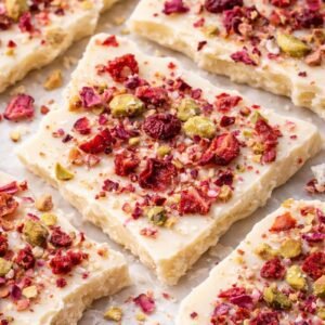rose strawberry pistachio white chocolate bark close up