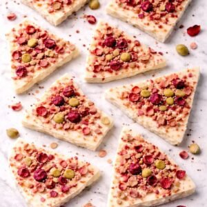 rose strawberry pistachio white chocolate bark top down