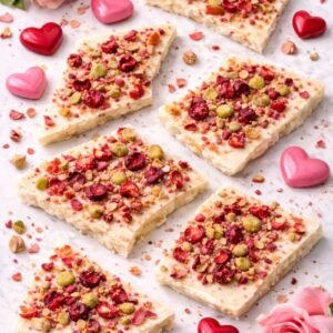 rose strawberry pistachio white chocolate bark valentine theme