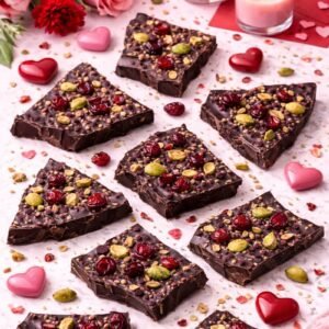 sweet & salty dark bark with pistachios and cranberries valentines theme