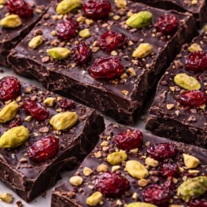 sweet & salty dark bark with pistachios and cranberries close up