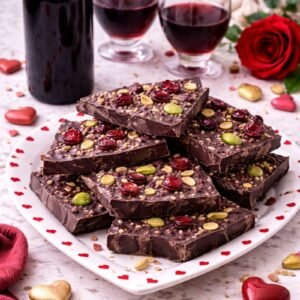 sweet & salty dark bark with pistachios and cranberries lifestyle shot