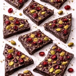 sweet & salty dark bark with pistachios and cranberries top down
