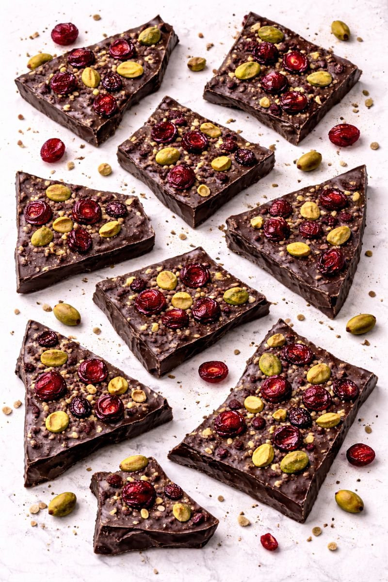 sweet & salty dark bark with pistachios and cranberries top down sweet & salty dark bark with pistachios and cranberries top down
